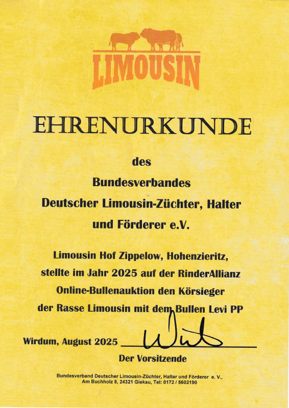 Abbildung der Ehrenurkunde des Bundesverbandes Deutscher Limousin-Züchter, Halter und Förderer e.V.