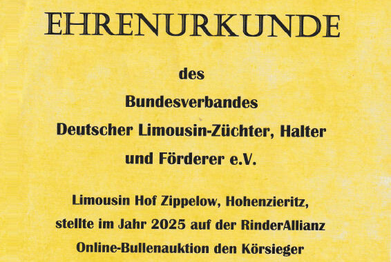Abbildung der Ehrenurkunde des Bundesverbandes Deutscher Limousin-Züchter, Halter und Förderer e.V.